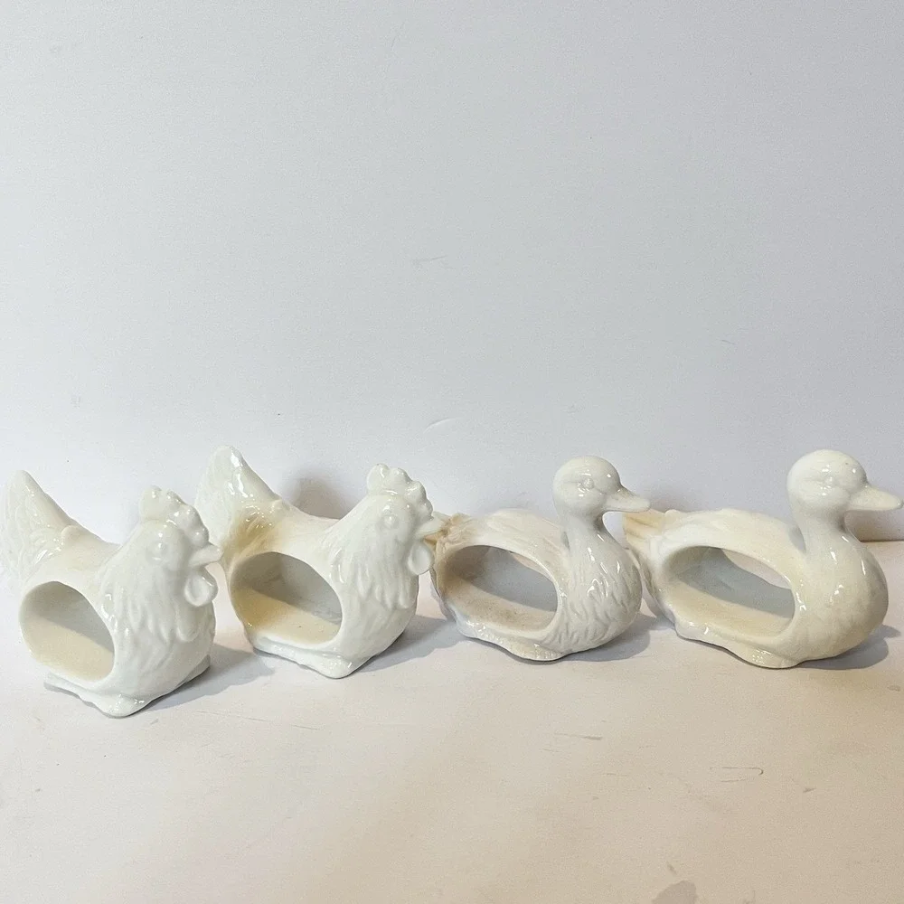 4 Vintage Shafford Porcelain‎ Napkin Ring Holders Duck Chicken Cottage Country